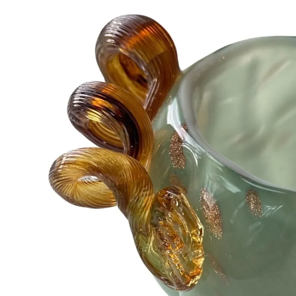 Hand Blown Art Glass Deco Pumpkin Bowl Vase Green Swirl  Metallic Accents NWT